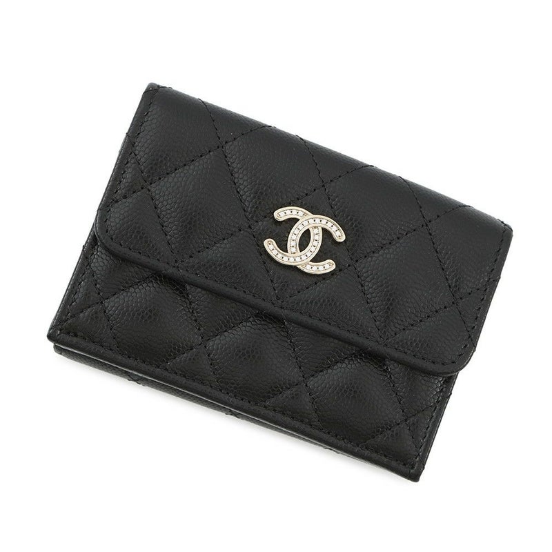 シャネル 三つ折り財布 マトラッセ ココマーク スモール フラップ キャビアスキン/ラインストーン AP3518 CHANEL 黒