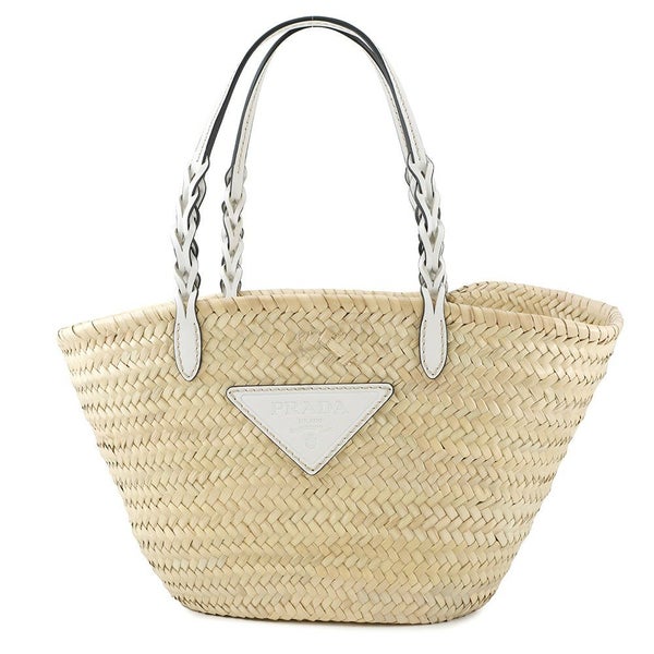 プラダ トートバッグ ウーブンパーム トライアングルロゴ かごバッグ ストロー レザー 1BG314 PRADA 白