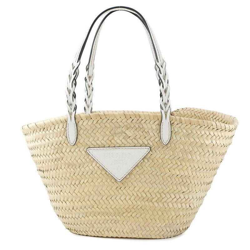 プラダ トートバッグ ウーブンパーム トライアングルロゴ かごバッグ ストロー レザー 1BG314 PRADA 白