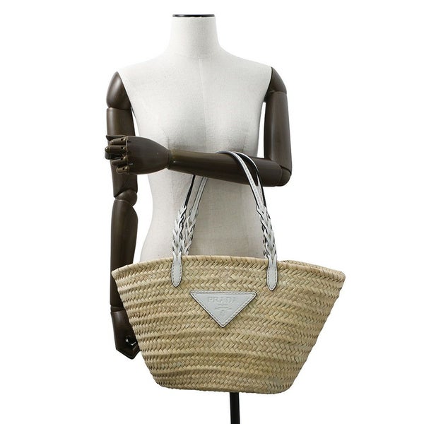 プラダ トートバッグ ウーブンパーム トライアングルロゴ かごバッグ ストロー レザー 1BG314 PRADA 白