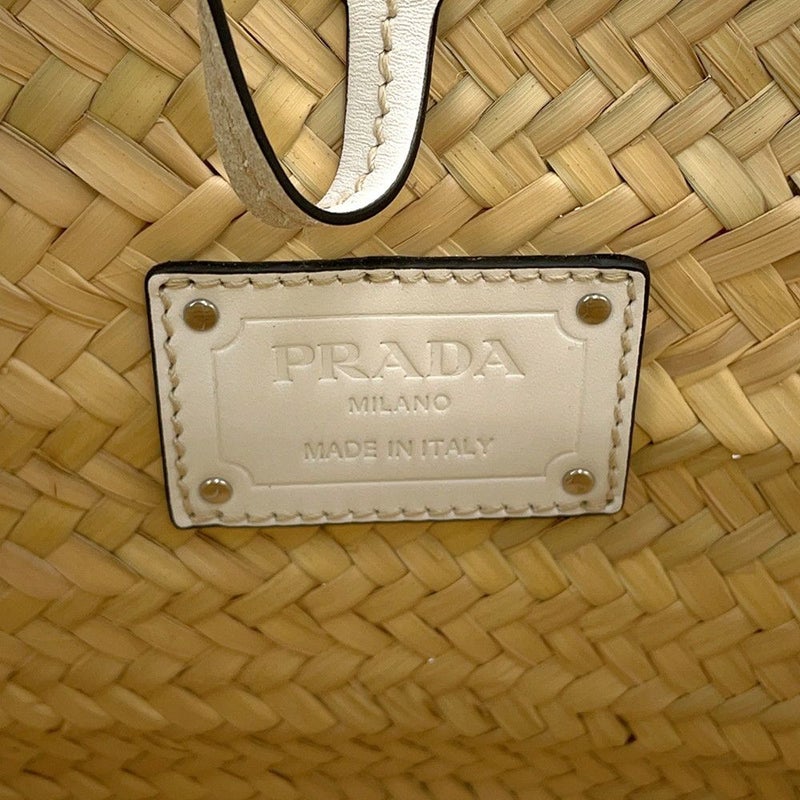 プラダ トートバッグ ウーブンパーム トライアングルロゴ かごバッグ ストロー レザー 1BG314 PRADA 白