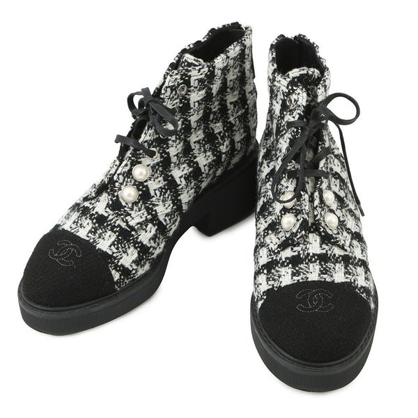 シャネル ショートブーツ ココマーク ツイード フェイクパール レディースサイズ38 G33823 CHANEL 靴 黒 白