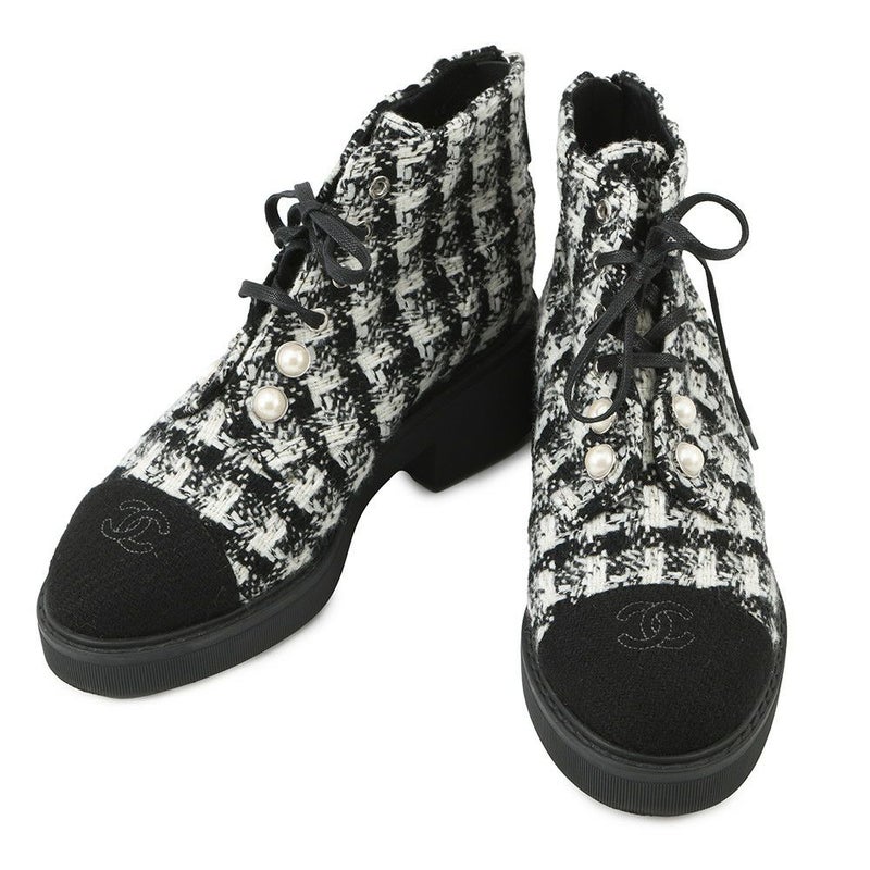 シャネル ショートブーツ ココマーク ツイード フェイクパール レディースサイズ38 G33823 CHANEL 靴 黒 白