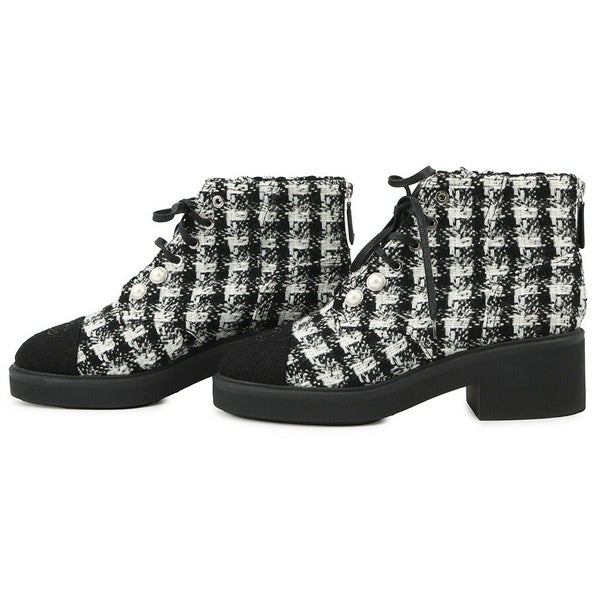 シャネル ショートブーツ ココマーク ツイード フェイクパール レディースサイズ38 G33823 CHANEL 靴 黒 白