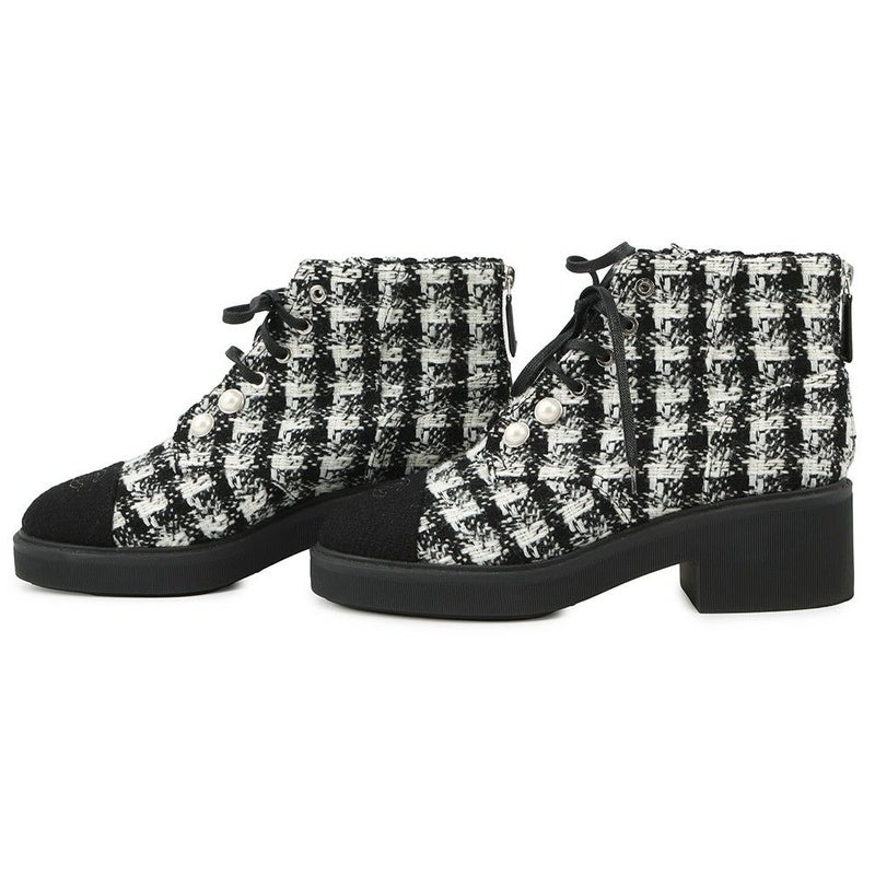 シャネル ショートブーツ ココマーク ツイード フェイクパール レディースサイズ38 G33823 CHANEL 靴 黒 白