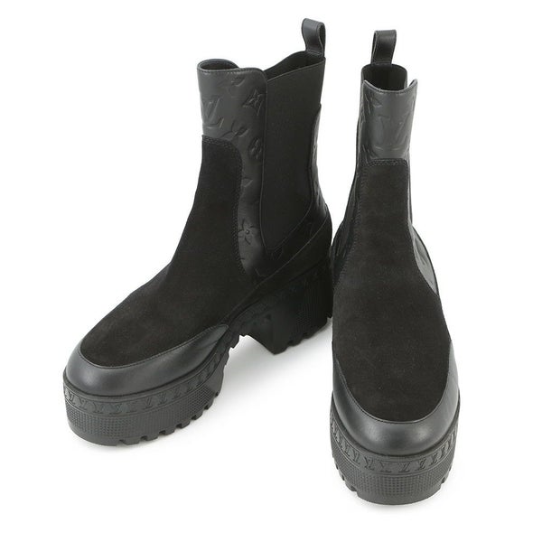 ルイヴィトン ブーツ モノグラム・アンプラント スエード ローリエート アンクルブーツ レディースサイズ38 1AC7W0 靴 ブラック 黒