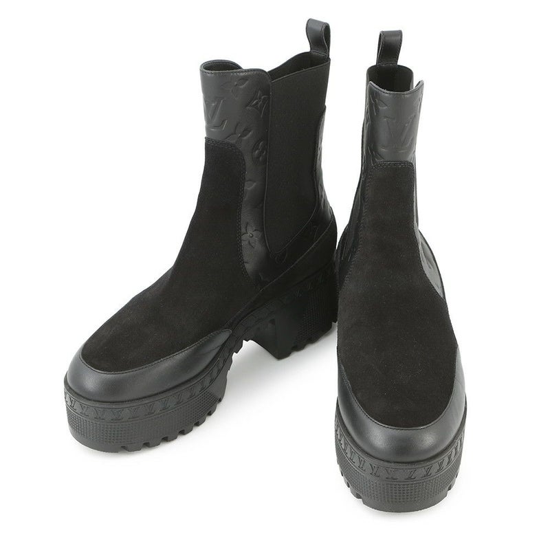 ルイヴィトン ブーツ モノグラム・アンプラント スエード ローリエート アンクルブーツ レディースサイズ38 1AC7W0 靴 ブラック 黒