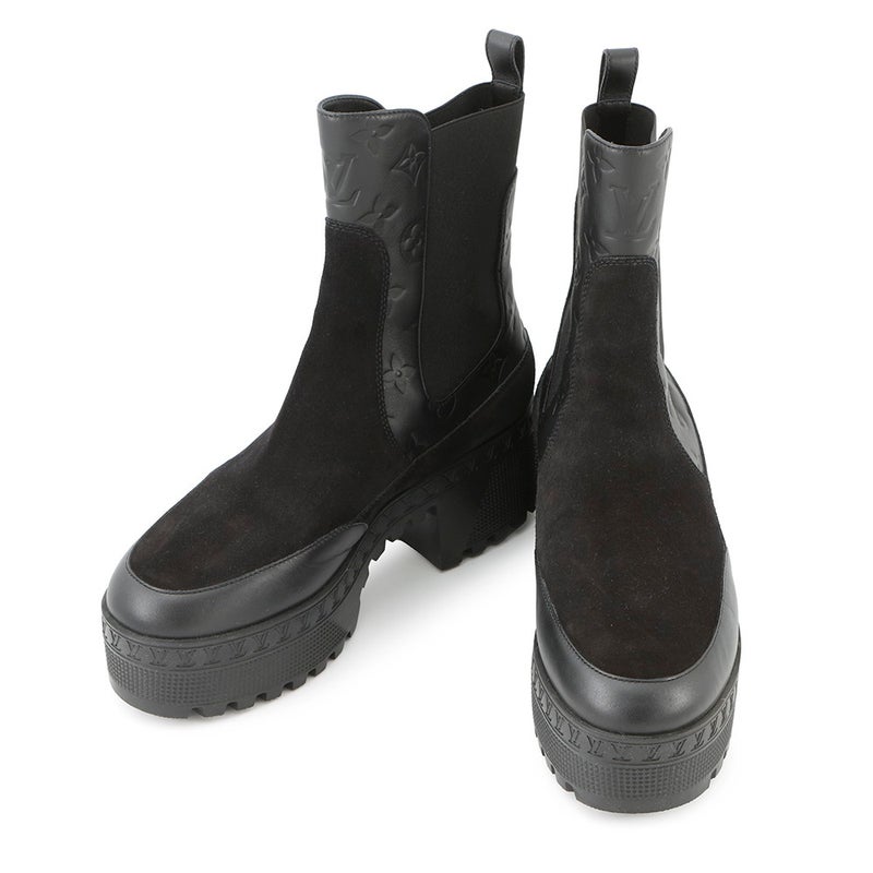 ルイヴィトン ブーツ モノグラム・アンプラント スエード ローリエート アンクルブーツ レディースサイズ38 1AC7W0 靴 ブラック 黒