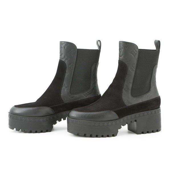 ルイヴィトン ブーツ モノグラム・アンプラント スエード ローリエート アンクルブーツ レディースサイズ38 1AC7W0 靴 ブラック 黒