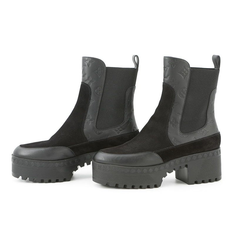 ルイヴィトン ブーツ モノグラム・アンプラント スエード ローリエート アンクルブーツ レディースサイズ38 1AC7W0 靴 ブラック 黒