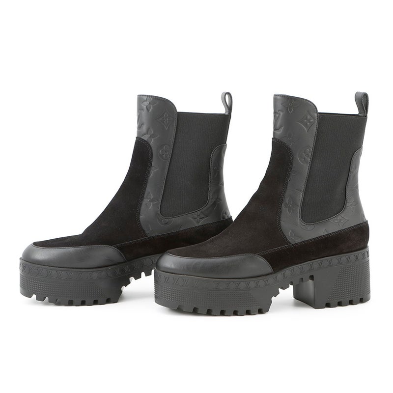 ルイヴィトン ブーツ モノグラム・アンプラント スエード ローリエート アンクルブーツ レディースサイズ38 1AC7W0 靴 ブラック 黒