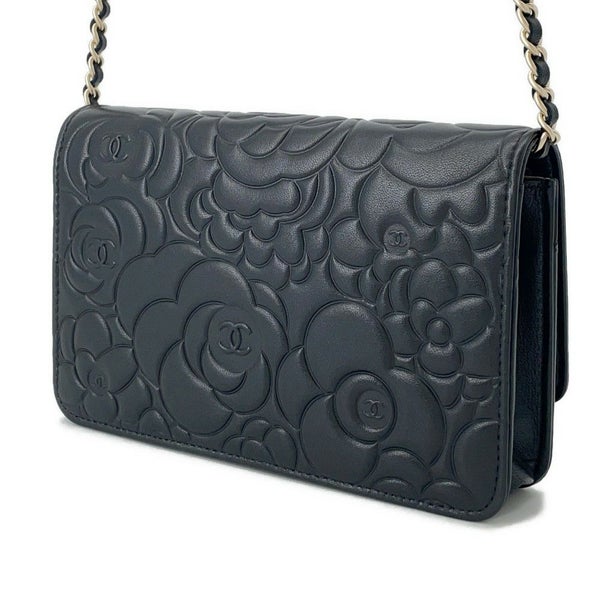 シャネル チェーンウォレット カメリア ココマーク ラムスキン A47421 CHANEL 財布 黒