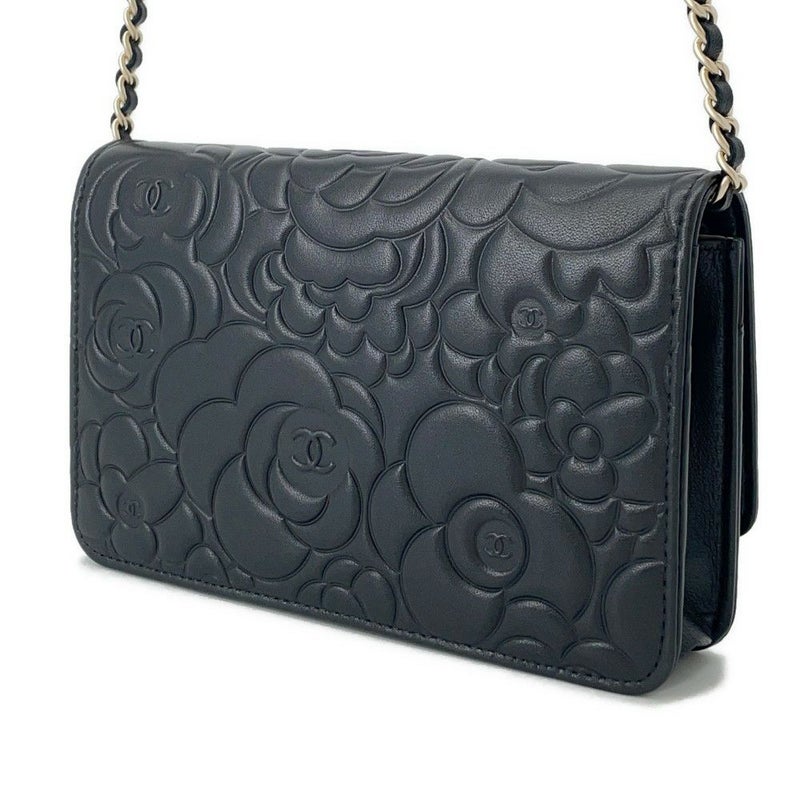 シャネル チェーンウォレット カメリア ココマーク ラムスキン A47421 CHANEL 財布 黒