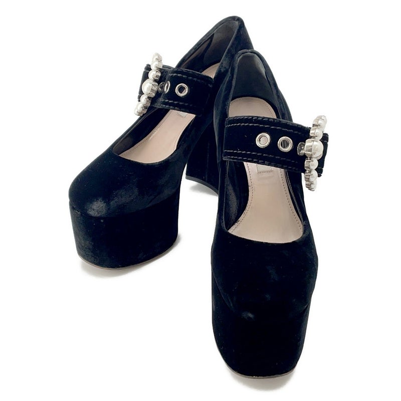 ミュウミュウ パンプス ハイヒール スエード フェイクパール レディースサイズ37 Miu Miu 靴 厚底 黒