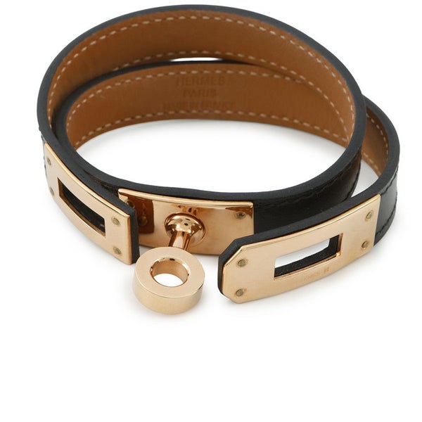 エルメス ブレスレット ケリー ドゥブルトゥール ブラック/ピンクゴールド金具 ボックスカーフ B刻印 黒