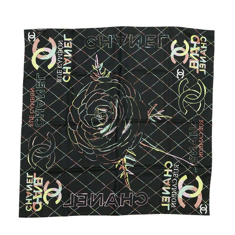 シャネル スカーフ 大判 リバーシブル ロゴ カメリア ココマーク シルク CHANEL 黒