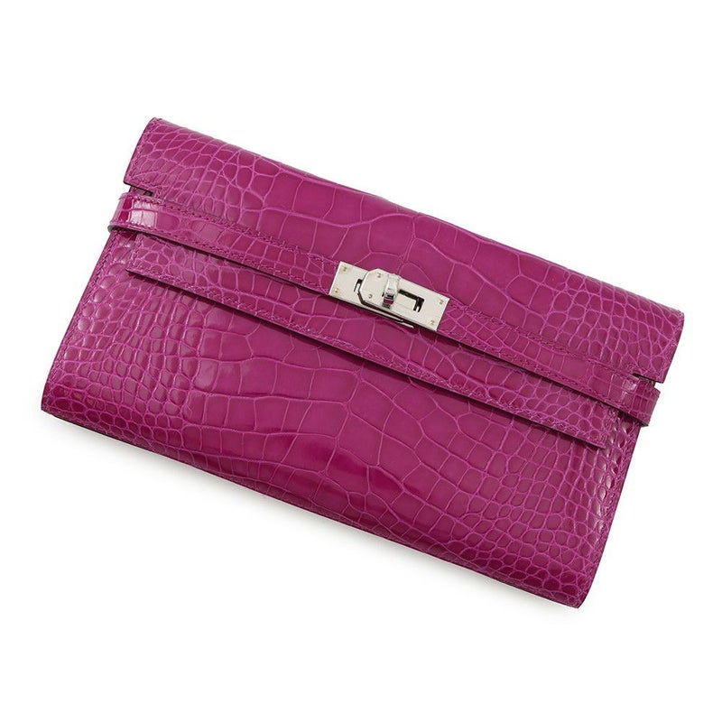 エルメス 長財布 ケリーウォレット ロング ローズシェヘラザード/シルバー金具 アリゲーターシャイン C刻印 HERMES
