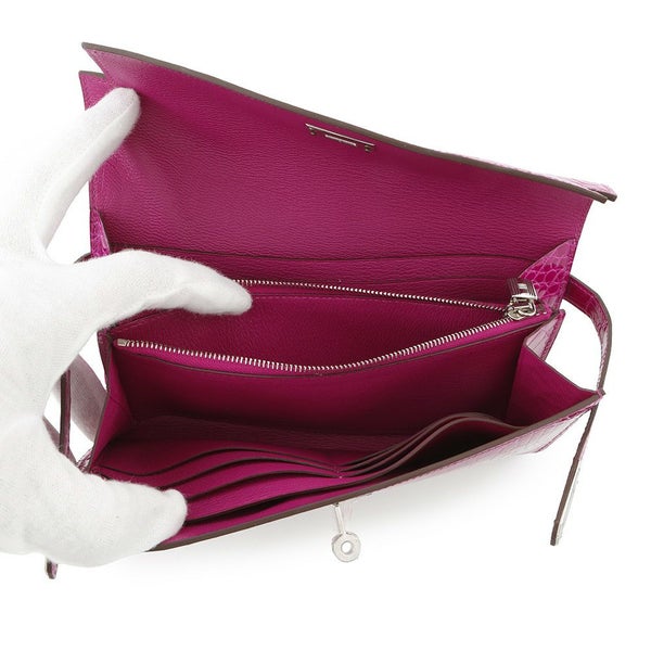 エルメス 長財布 ケリーウォレット ロング ローズシェヘラザード/シルバー金具 アリゲーターシャイン C刻印 HERMES