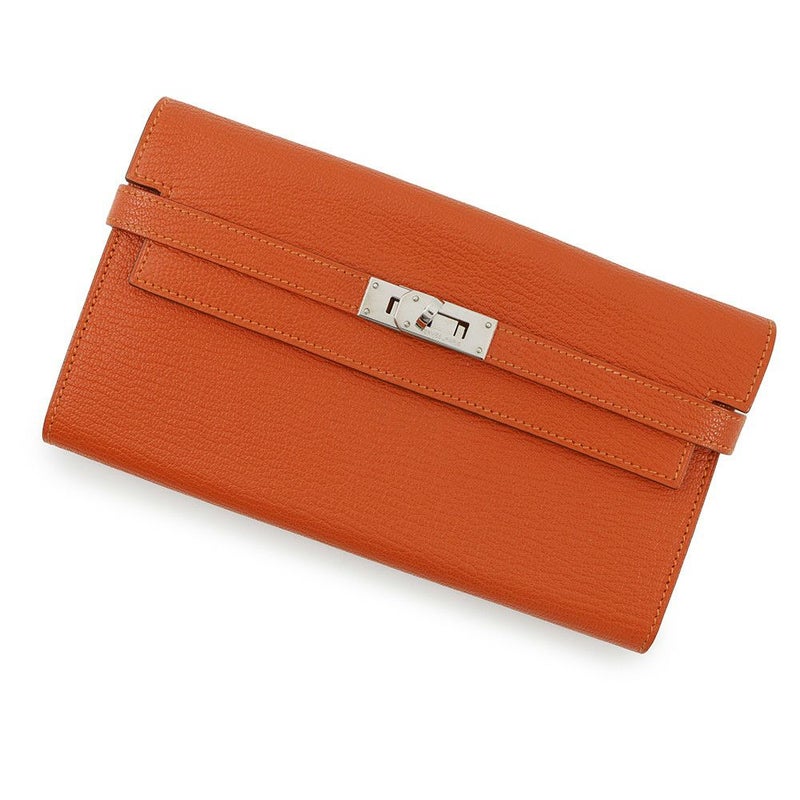 エルメス 長財布 ケリーウォレット ロング オレンジ/シルバー金具 シェブルミゾル □Q刻印