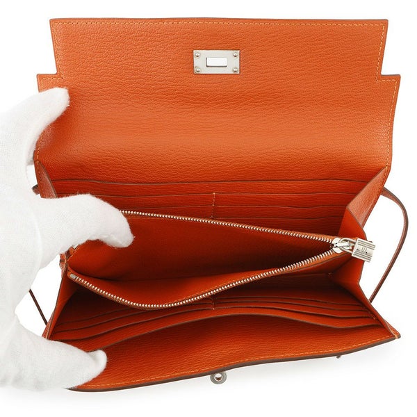エルメス 長財布 ケリーウォレット ロング オレンジ/シルバー金具 シェブルミゾル □Q刻印