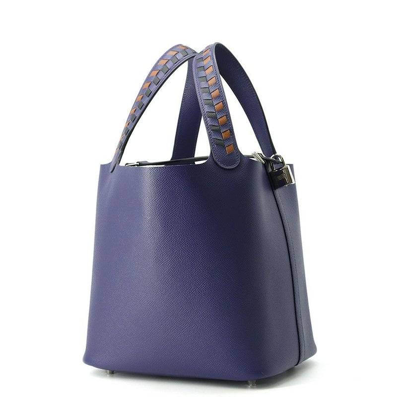 エルメス ハンドバッグ ピコタンロックMM トレサージュ ブルーアンクル/ブリック/ブラック/シルバー金具 エプソン D刻印