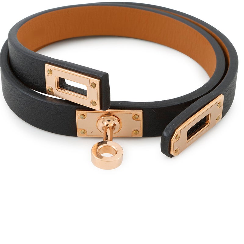 エルメス ブレスレット ケリー ドゥブルトゥール ブラック/ピンクゴールド金具 スイフト Z刻印 サイズT2 HERMES 黒