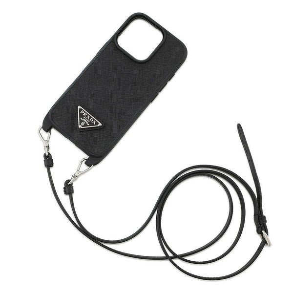 プラダ スマホケース サフィアーノ トライアングルロゴ iPhone16proケース ストラップ付き ラバー 1ZH209 PRADA 黒