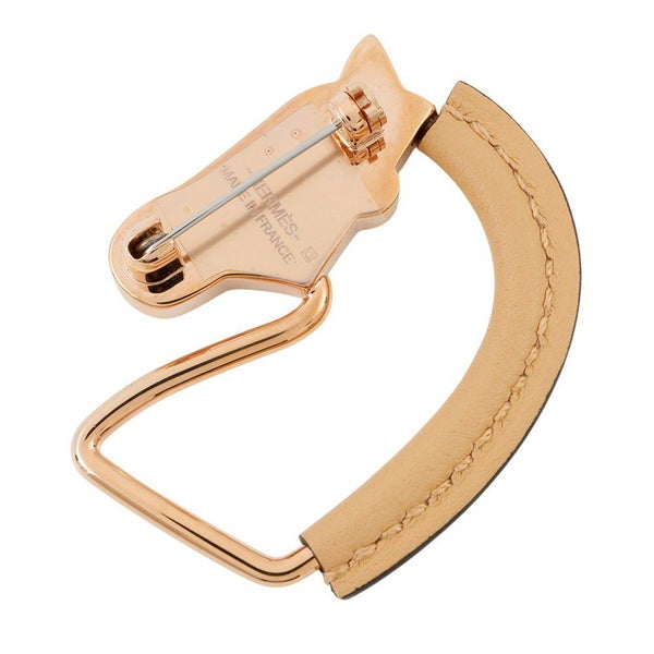 エルメス ブローチ シュバル・グランド・パラード ナチュラルセーブル/ピンクゴールド金具 ラッカーメタル/スイフト HERMES