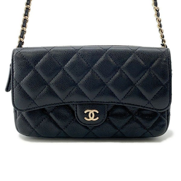 シャネル チェーンショルダーバッグ フラップ フォンケース マトラッセ ココマーク キャビアスキン AP2096 CHANEL 黒