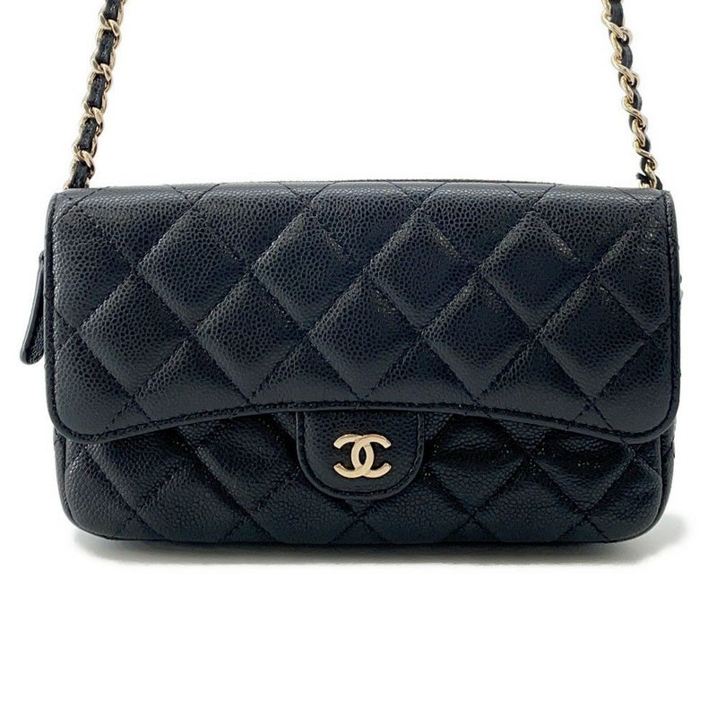 シャネル チェーンショルダーバッグ フラップ フォンケース マトラッセ ココマーク キャビアスキン AP2096 CHANEL 黒