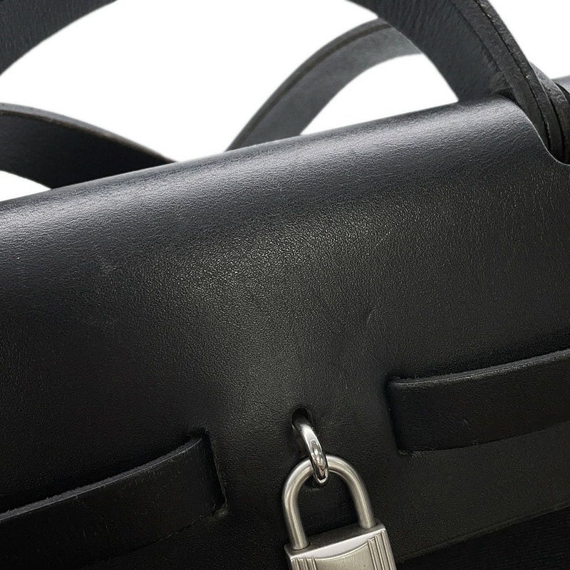 エルメス ショルダーバッグ エールバッグMM ブラック/シルバー金具 トワルオフィシエ/レザー □G刻印 黒