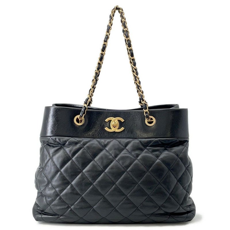 シャネル チェーントートバッグ マトラッセ ココマークターンロック レザー CHANEL 黒