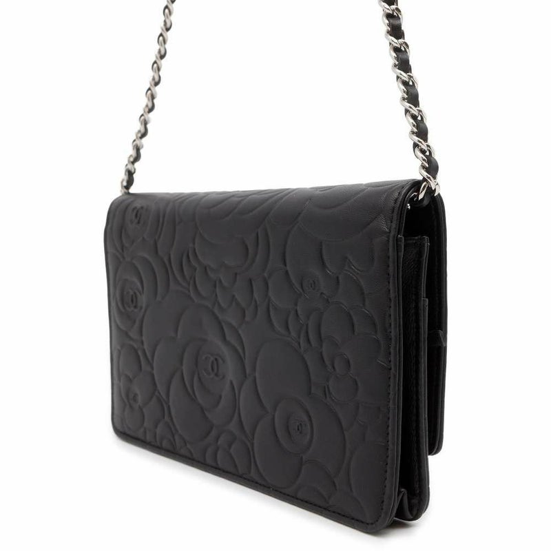 シャネル チェーンウォレット ココマーク カメリア ラムスキン A47421 CHANEL 財布 チェーンバッグ 黒