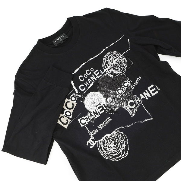 シャネル 長袖カットソー カメリア ロゴ コットン スパンコール レディースサイズXS P63300 CHANEL アパレル 黒