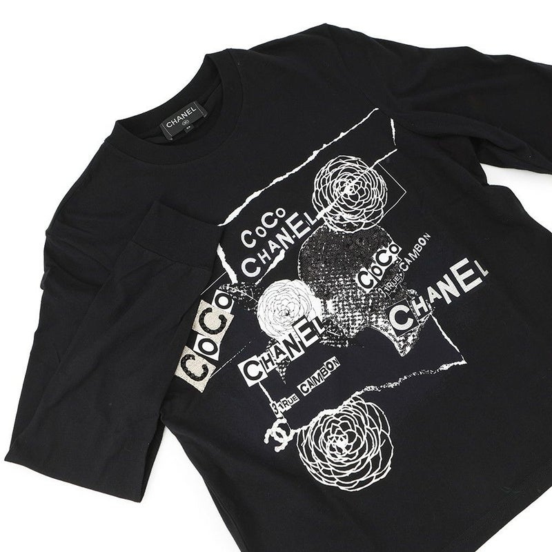 シャネル 長袖カットソー カメリア ロゴ コットン スパンコール レディースサイズXS P63300 CHANEL アパレル 黒
