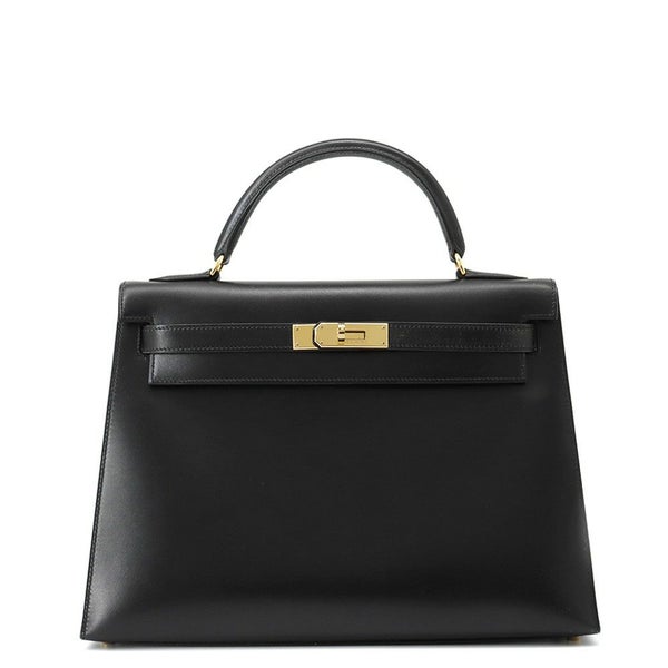 エルメス ハンドバッグ ケリー32 外縫い ブラック/ゴールド金具 ボックスカーフ □C刻印 HERMES Kelly 2wayバッグ 黒