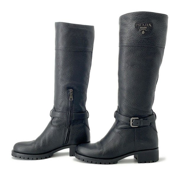 プラダ ブーツ レザー ロゴ レディースサイズ37 1/2 PRADA 靴 ロングブーツ 黒