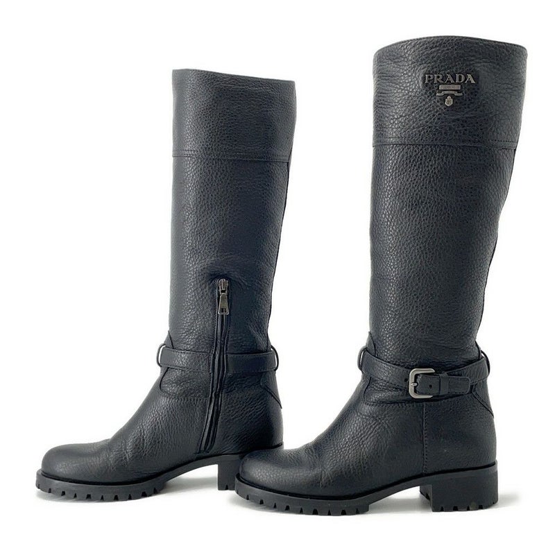 プラダ ブーツ レザー ロゴ レディースサイズ37 1/2 PRADA 靴 ロングブーツ 黒