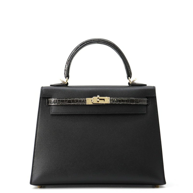 エルメス ケリー25 外縫い タッチ ブラック/グラファイト/シャンパンゴールド金具 ヴォーマダム/アリゲーターシャイン K刻印 黒