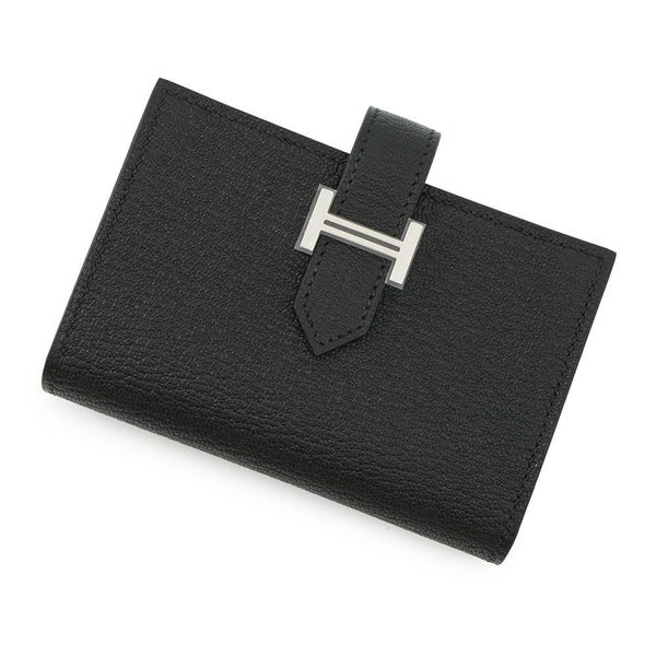 エルメス カードケース ベアン ミニ 小銭入れ付き ブラック/シルバー金具 シェブルミゾル B刻印 HERMES 名刺入れ コインケース 黒