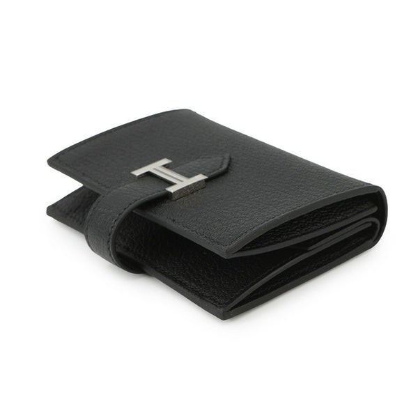 エルメス カードケース ベアン ミニ 小銭入れ付き ブラック/シルバー金具 シェブルミゾル B刻印 HERMES 名刺入れ コインケース 黒