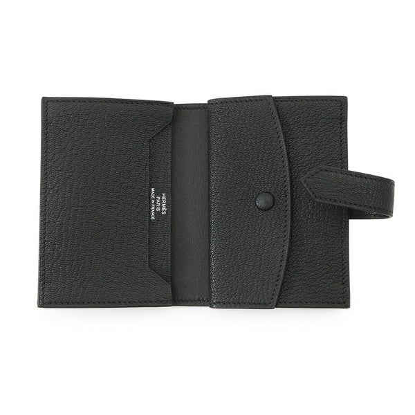 エルメス カードケース ベアン ミニ 小銭入れ付き ブラック/シルバー金具 シェブルミゾル B刻印 HERMES 名刺入れ コインケース 黒