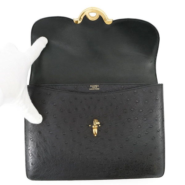 エルメス ハンドバッグ ブラック/ゴールド金具 オーストリッチ 〇D刻印 HERMES バッグ 黒