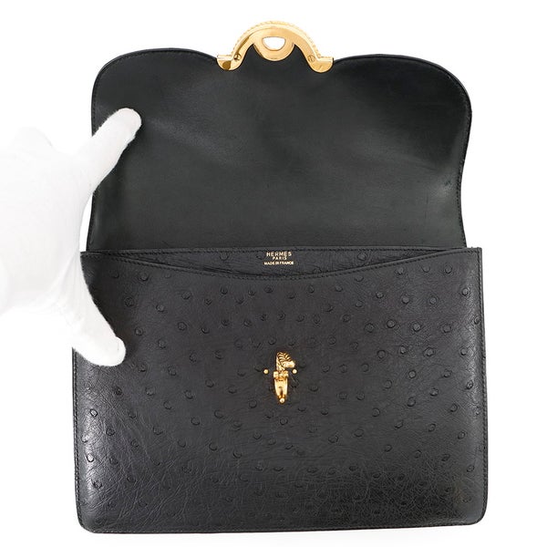 エルメス ハンドバッグ ブラック/ゴールド金具 オーストリッチ 〇D刻印 HERMES バッグ 黒