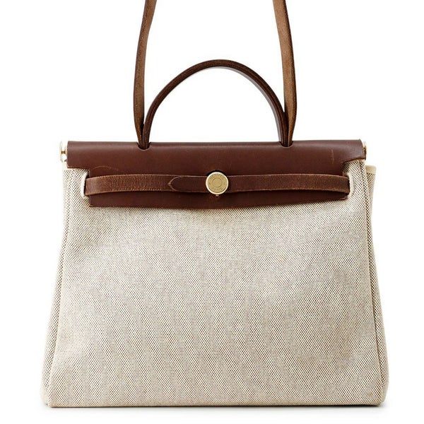 エルメス エールバッグジップPM ブラウン/ベージュ/ゴールド金具 トワルアッシュ/レザー □F刻印 2way