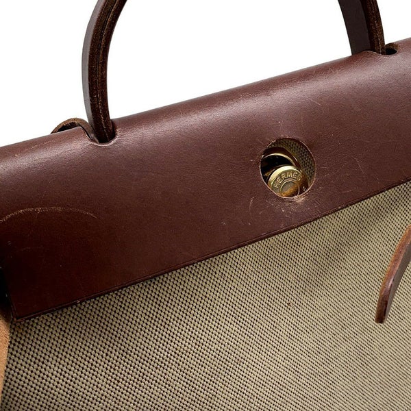 エルメス エールバッグジップPM ブラウン/ベージュ/ゴールド金具 トワルアッシュ/レザー □F刻印 2way