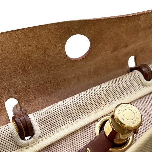 エルメス エールバッグジップPM ブラウン/ベージュ/ゴールド金具 トワルアッシュ/レザー □F刻印 2way