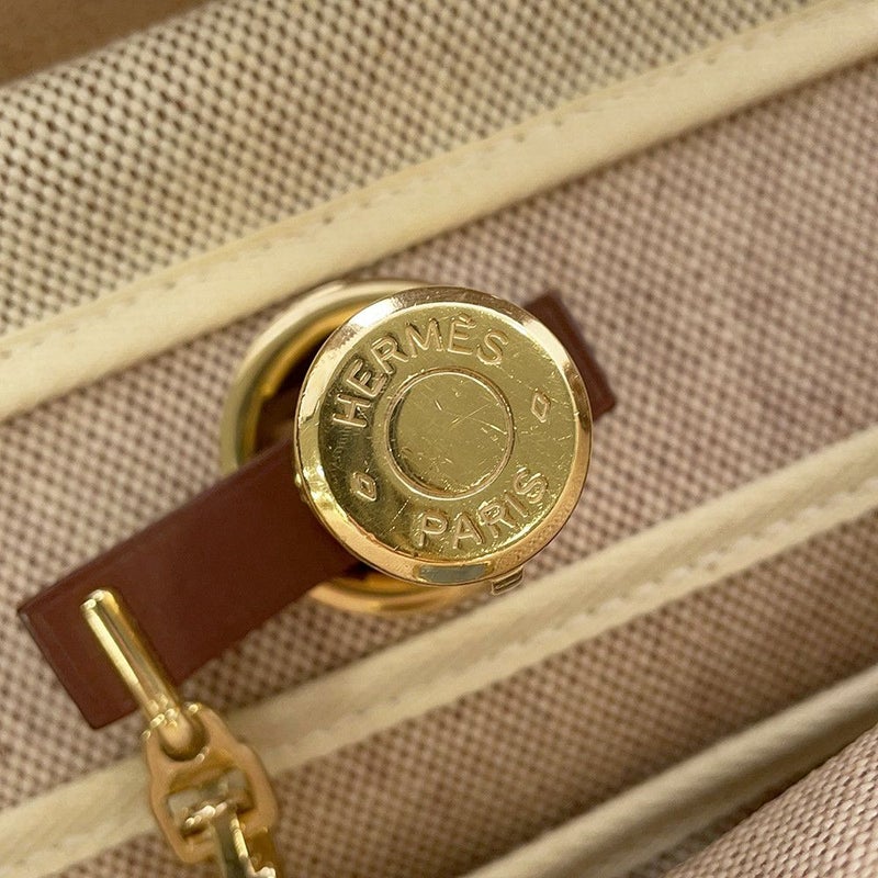 エルメス エールバッグジップPM ブラウン/ベージュ/ゴールド金具 トワルアッシュ/レザー □F刻印 2way