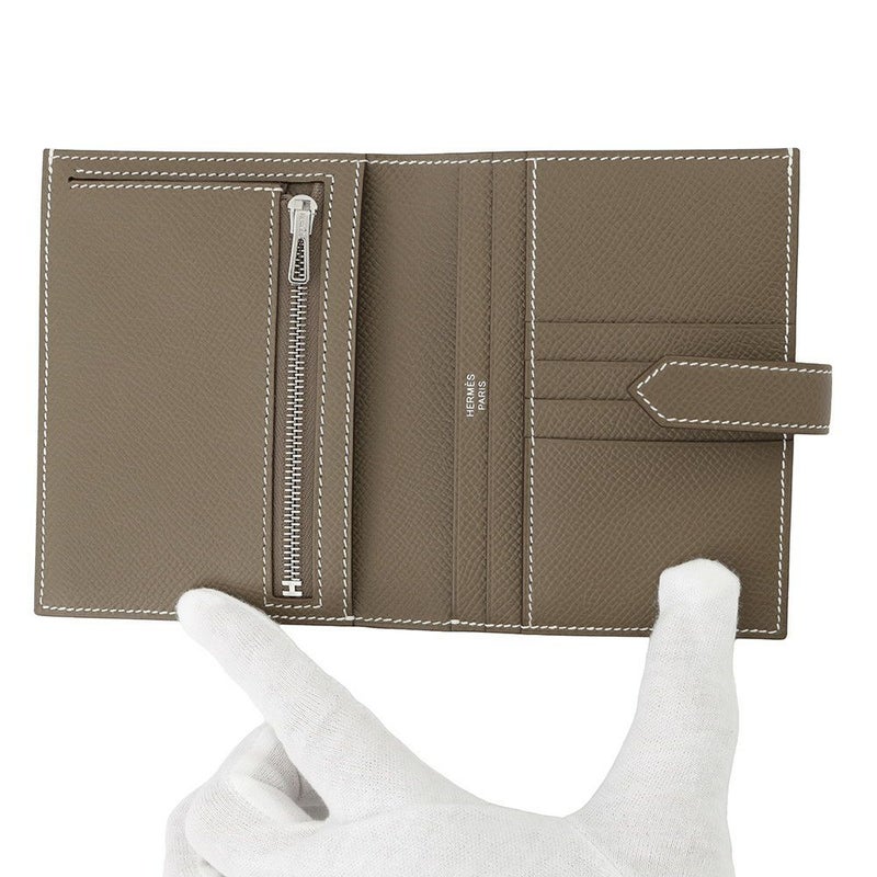 エルメス 二つ折り財布 ベアン コンパクト エトゥープ/シルバー金具 エプソン W刻印