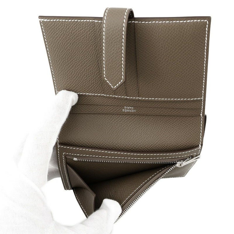 エルメス 二つ折り財布 ベアン コンパクト エトゥープ/シルバー金具 エプソン W刻印